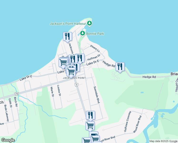 map of restaurants, bars, coffee shops, grocery stores, and more near 111 Grew Boulevard in Georgina