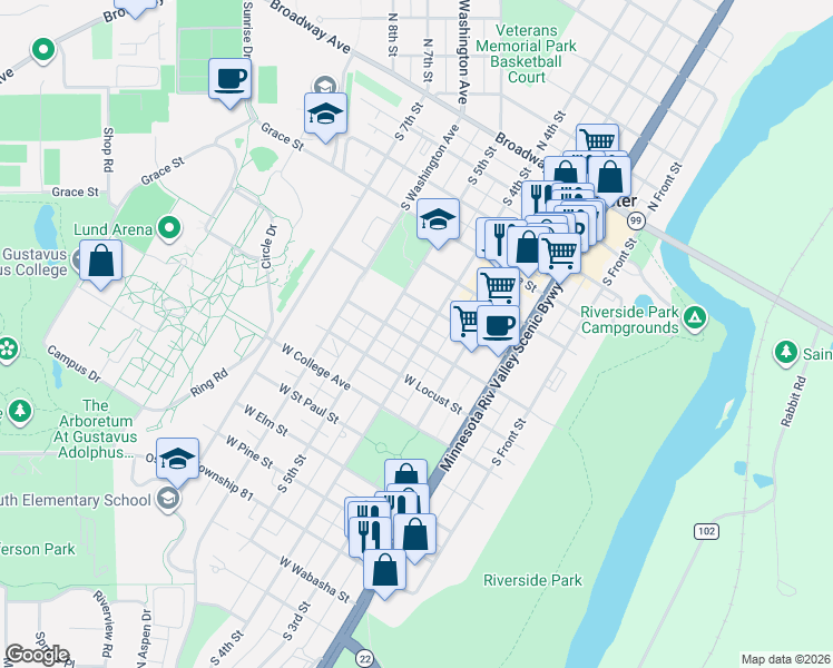 map of restaurants, bars, coffee shops, grocery stores, and more near 622 South 4th Street in Saint Peter