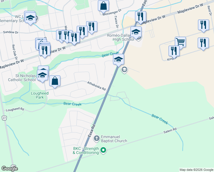 map of restaurants, bars, coffee shops, grocery stores, and more near 827 Essa Road in Barrie