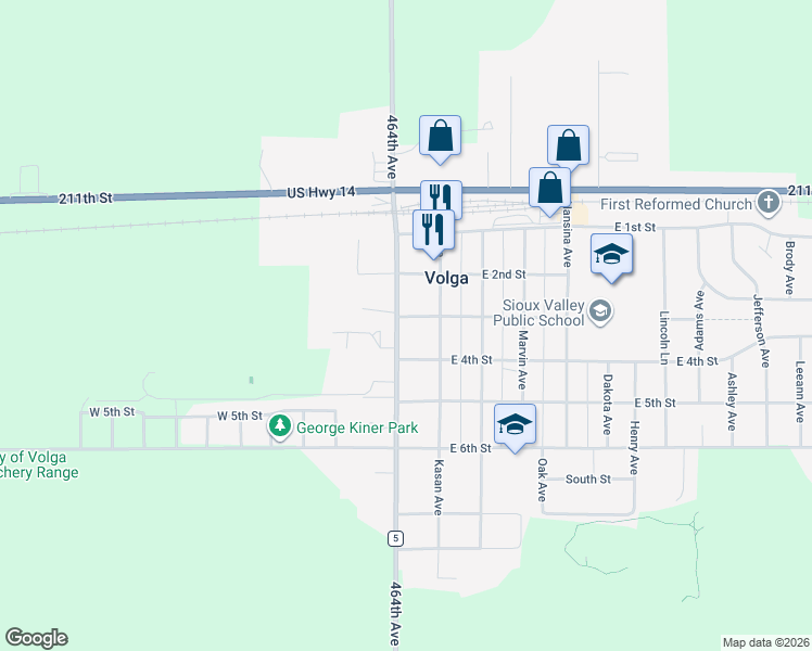 map of restaurants, bars, coffee shops, grocery stores, and more near 125 West 3rd Street in Volga