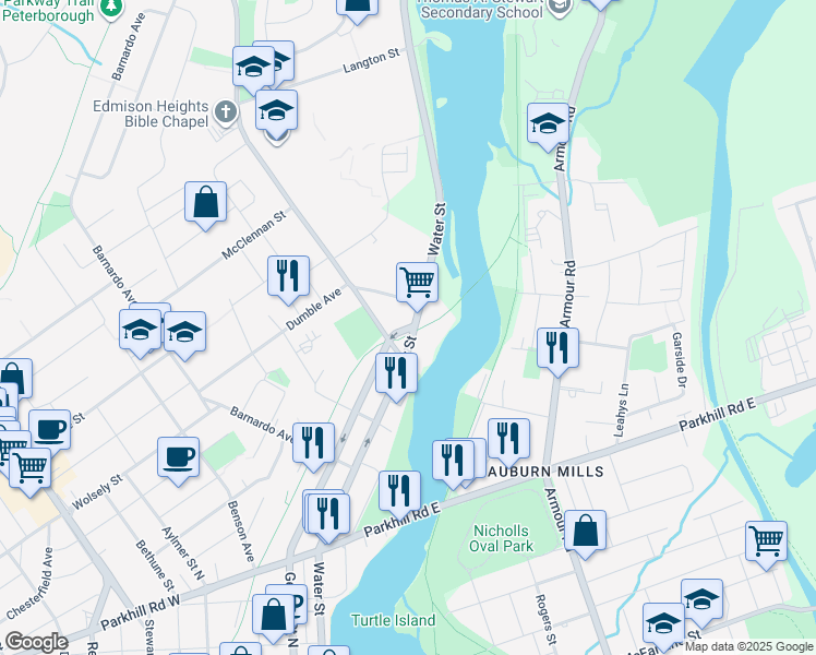map of restaurants, bars, coffee shops, grocery stores, and more near 895 George Street North in Peterborough