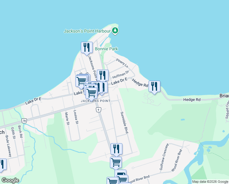 map of restaurants, bars, coffee shops, grocery stores, and more near 111 Grew Boulevard in Georgina