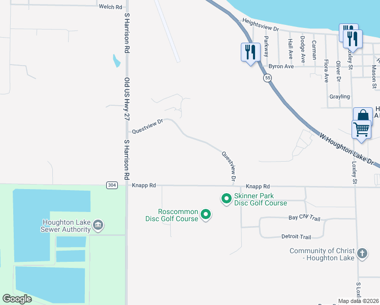 map of restaurants, bars, coffee shops, grocery stores, and more near 128-134 Questview Drive in Houghton Lake