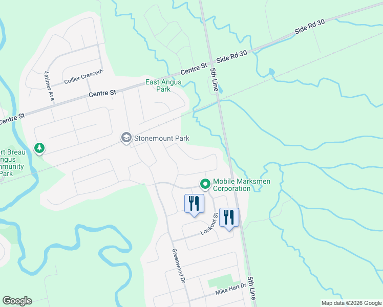 map of restaurants, bars, coffee shops, grocery stores, and more near 87 Truax Crescent in Angus