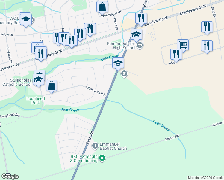 map of restaurants, bars, coffee shops, grocery stores, and more near 780 Essa Road in Barrie