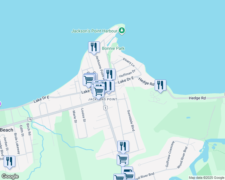 map of restaurants, bars, coffee shops, grocery stores, and more near 4 O'Connor Drive in Georgina
