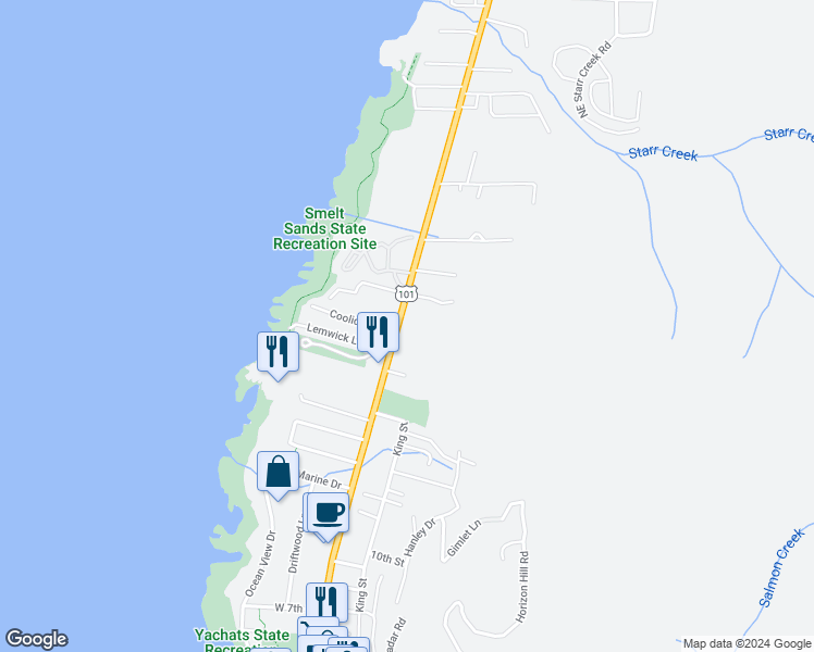 map of restaurants, bars, coffee shops, grocery stores, and more near 1882 U.S. 101 in Yachats