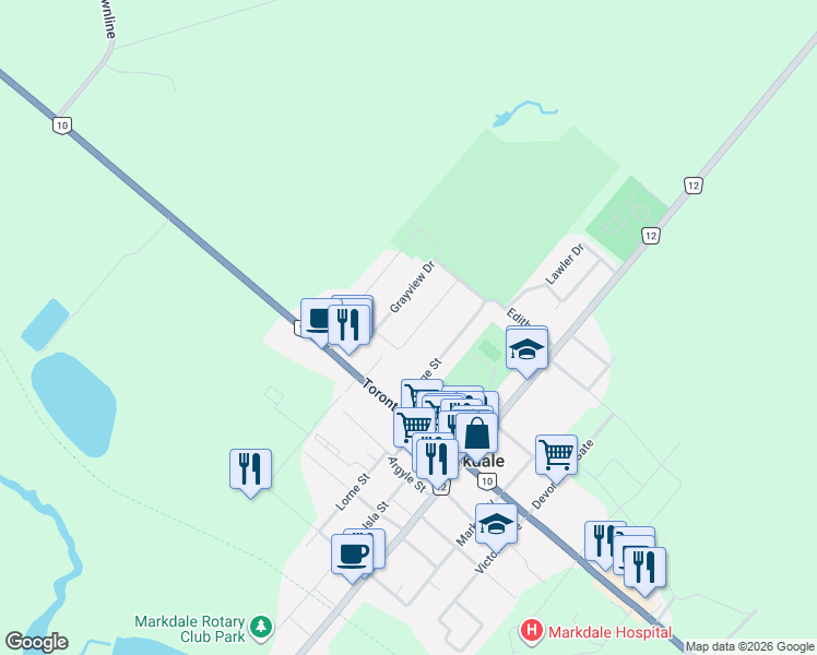 map of restaurants, bars, coffee shops, grocery stores, and more near 114 Mullin Street in Markdale