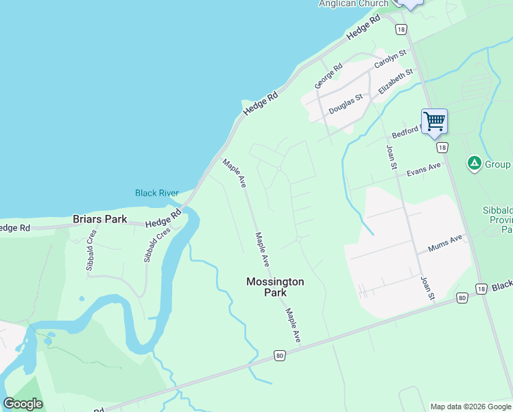 map of restaurants, bars, coffee shops, grocery stores, and more near 101 Maple Avenue in Georgina