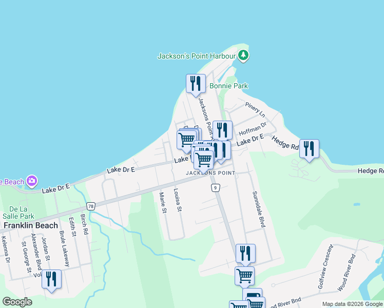 map of restaurants, bars, coffee shops, grocery stores, and more near 928 Lake Drive East in Georgina