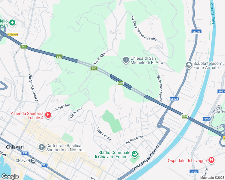 map of restaurants, bars, coffee shops, grocery stores, and more near 34 Viale San Pio X in Chiavari