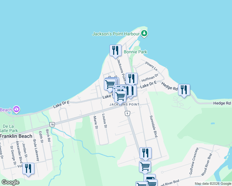 map of restaurants, bars, coffee shops, grocery stores, and more near in Georgina