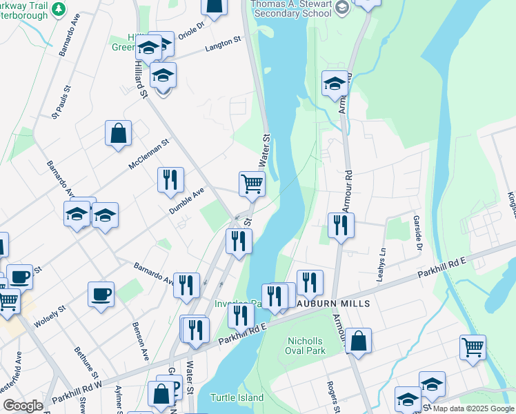 map of restaurants, bars, coffee shops, grocery stores, and more near 902 Water Street in Peterborough