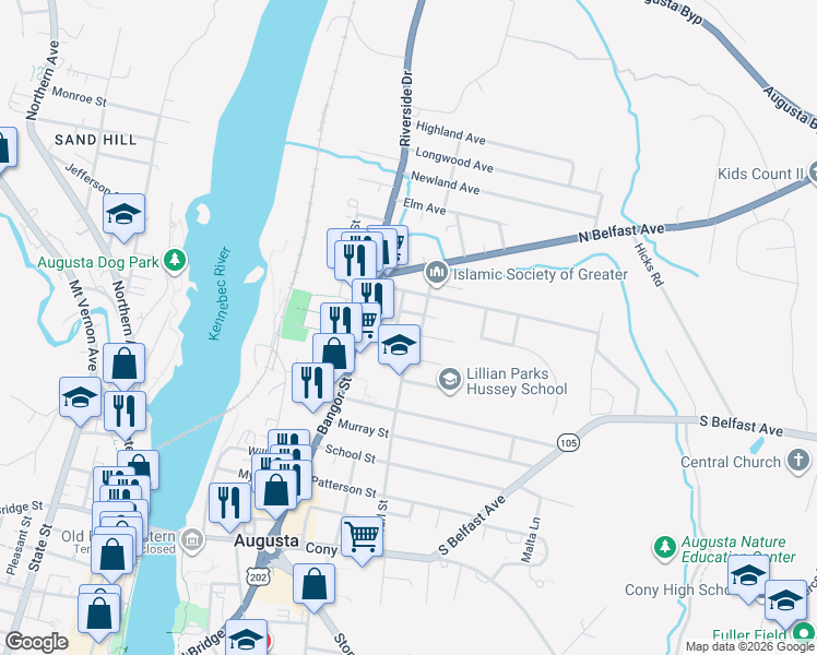 map of restaurants, bars, coffee shops, grocery stores, and more near 23 Fowler Street in Augusta