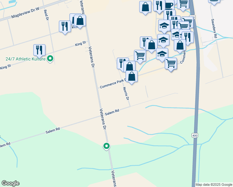 map of restaurants, bars, coffee shops, grocery stores, and more near 142 Commerce Park Drive in Barrie