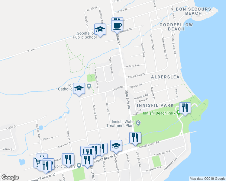 map of restaurants, bars, coffee shops, grocery stores, and more near 2248 Douglas Avenue in Innisfil