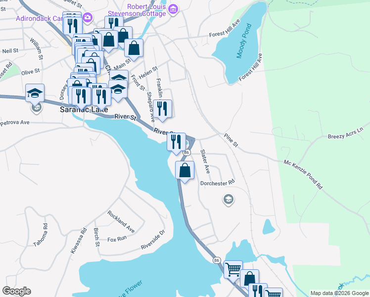 map of restaurants, bars, coffee shops, grocery stores, and more near 234 Lake Flower Avenue in Saranac Lake