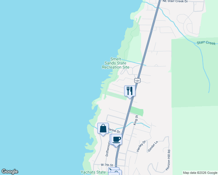 map of restaurants, bars, coffee shops, grocery stores, and more near 635 Lemwick Lane in Yachats