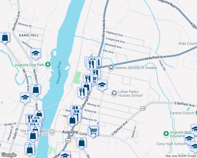 map of restaurants, bars, coffee shops, grocery stores, and more near 85 Bangor Street in Augusta