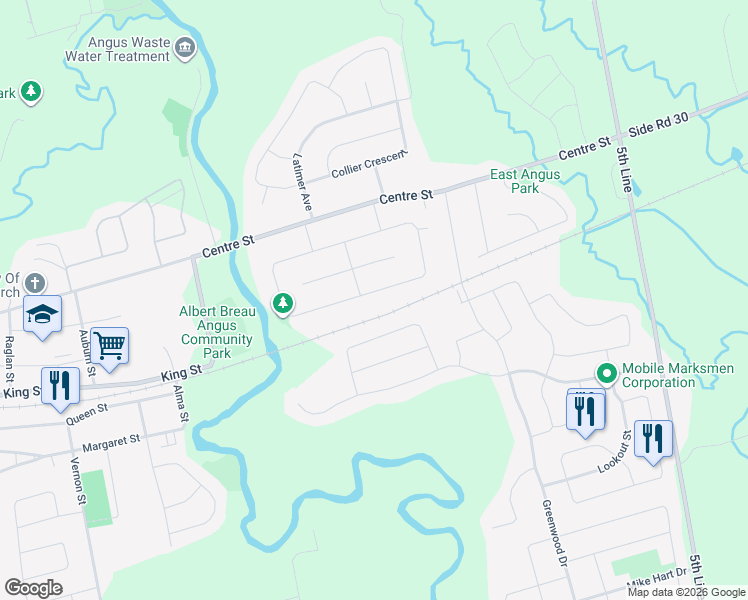 map of restaurants, bars, coffee shops, grocery stores, and more near 228 Cindy Lane in Angus