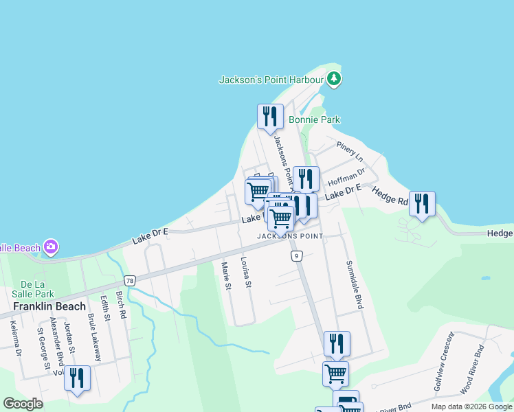 map of restaurants, bars, coffee shops, grocery stores, and more near 5 Ravenswood Drive in Georgina