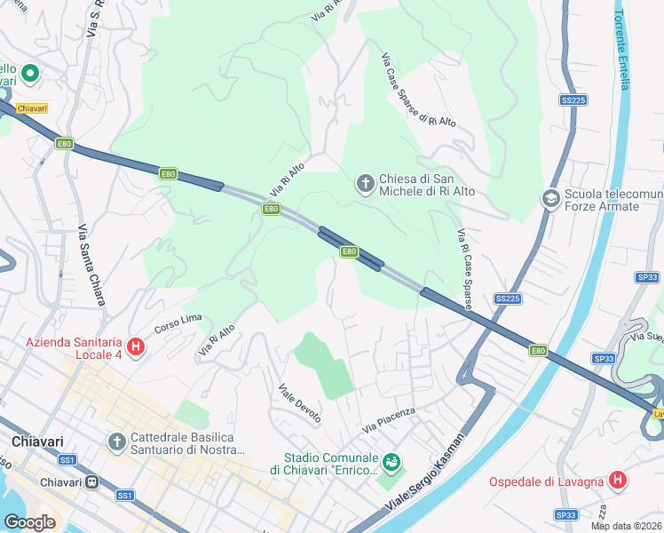 map of restaurants, bars, coffee shops, grocery stores, and more near 34 Viale San Pio X in Chiavari