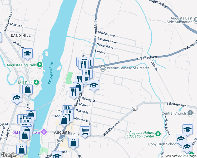 map of restaurants, bars, coffee shops, grocery stores, and more near 4 North Pearl Street in Augusta