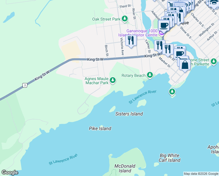 map of restaurants, bars, coffee shops, grocery stores, and more near 13 Windsor Drive in Gananoque