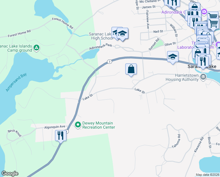 map of restaurants, bars, coffee shops, grocery stores, and more near 301 Lake Street in Saranac Lake