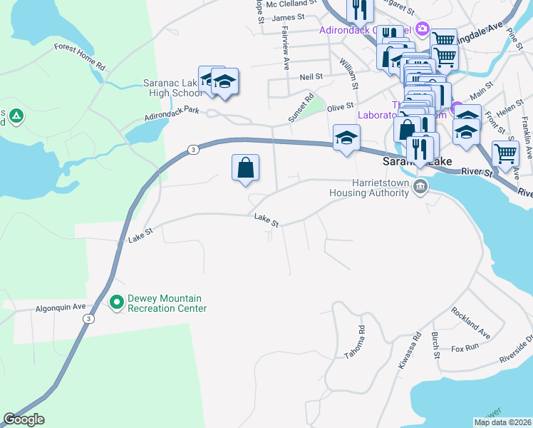 map of restaurants, bars, coffee shops, grocery stores, and more near 10 Petrova Avenue in Saranac Lake