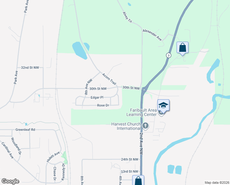 map of restaurants, bars, coffee shops, grocery stores, and more near 401 Edgar Place in Faribault