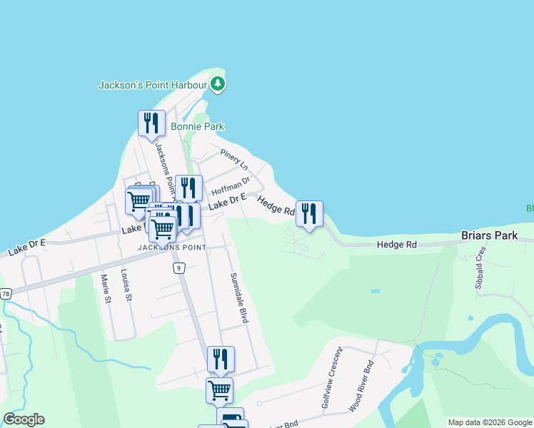 map of restaurants, bars, coffee shops, grocery stores, and more near 3 Hedge Road in Georgina