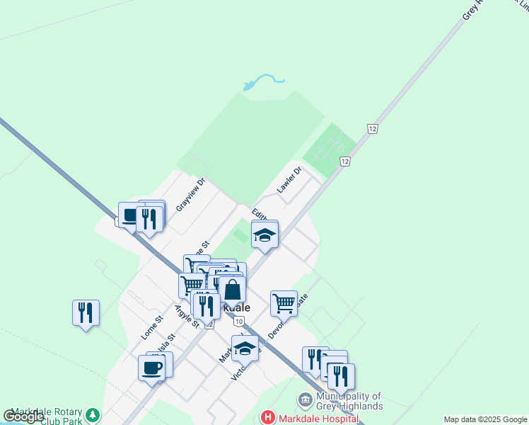 map of restaurants, bars, coffee shops, grocery stores, and more near 47 Edith Avenue in Markdale