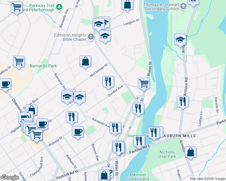 map of restaurants, bars, coffee shops, grocery stores, and more near 812 Schneider Place in Peterborough