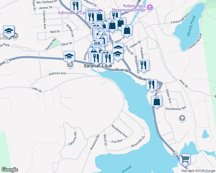 map of restaurants, bars, coffee shops, grocery stores, and more near 31-63 Riverside Dr in Saranac Lake