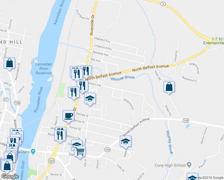 map of restaurants, bars, coffee shops, grocery stores, and more near 2 Ridgewood Drive in Augusta