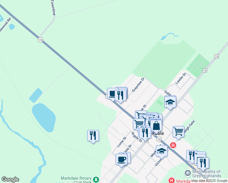 map of restaurants, bars, coffee shops, grocery stores, and more near 128 Margaret Elizabeth Avenue in Markdale