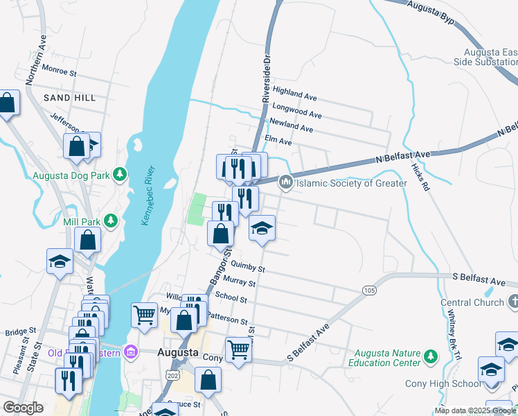 map of restaurants, bars, coffee shops, grocery stores, and more near 105 Bangor Street in Augusta