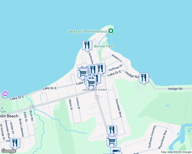 map of restaurants, bars, coffee shops, grocery stores, and more near 10 Lorne Street in Georgina