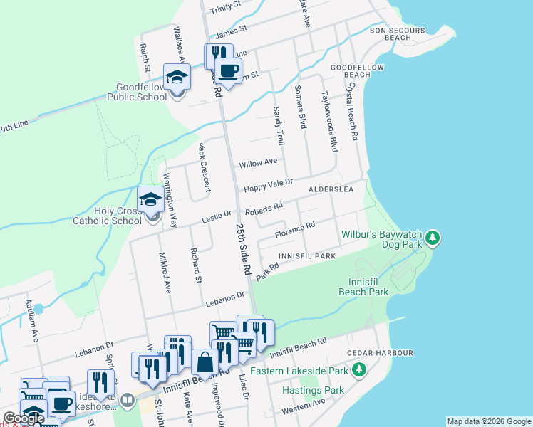 map of restaurants, bars, coffee shops, grocery stores, and more near 787 Happy Vale Drive in Innisfil