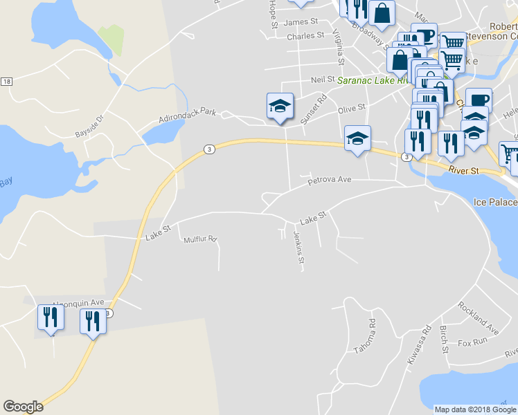 map of restaurants, bars, coffee shops, grocery stores, and more near 226 Lake Street in Saranac Lake