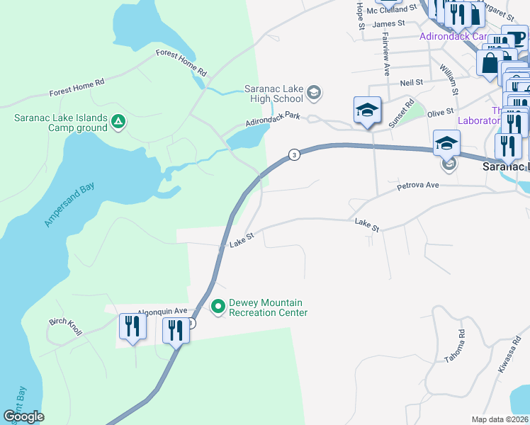 map of restaurants, bars, coffee shops, grocery stores, and more near 66 Edgewood Road in Saranac Lake
