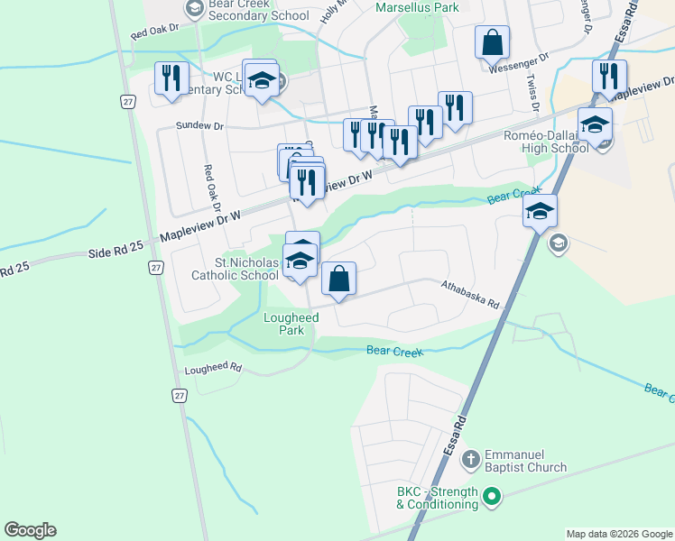map of restaurants, bars, coffee shops, grocery stores, and more near 16 Waddington Crescent in Barrie