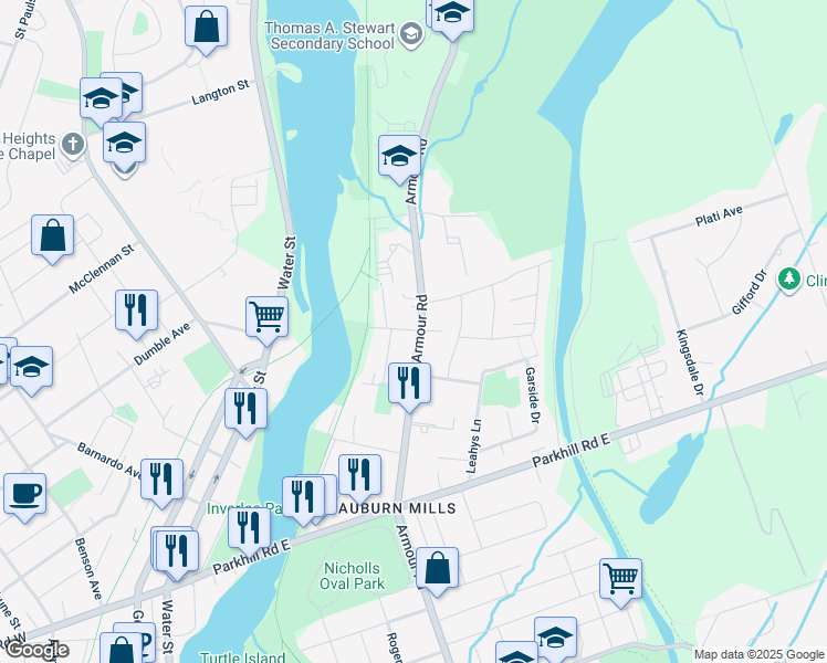 map of restaurants, bars, coffee shops, grocery stores, and more near in Peterborough