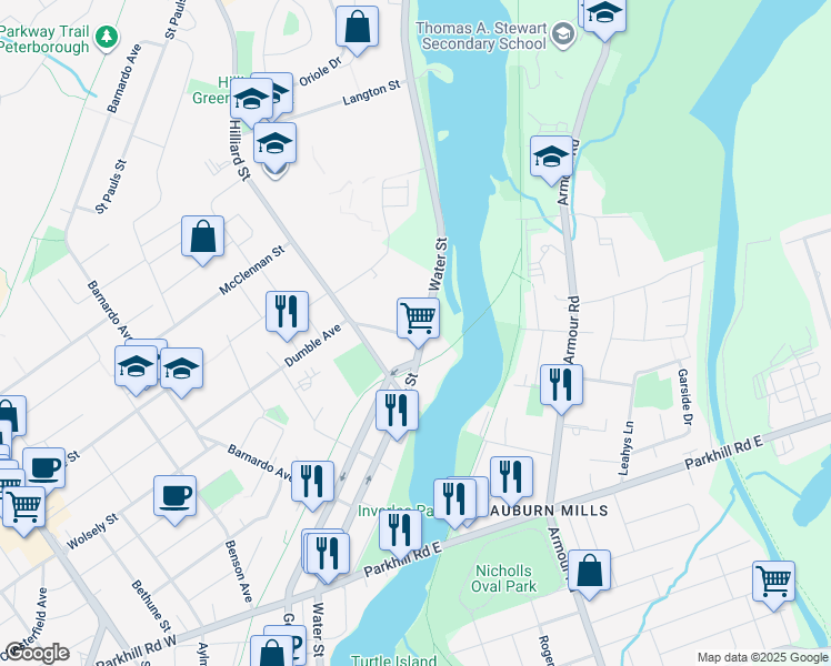 map of restaurants, bars, coffee shops, grocery stores, and more near in Peterborough