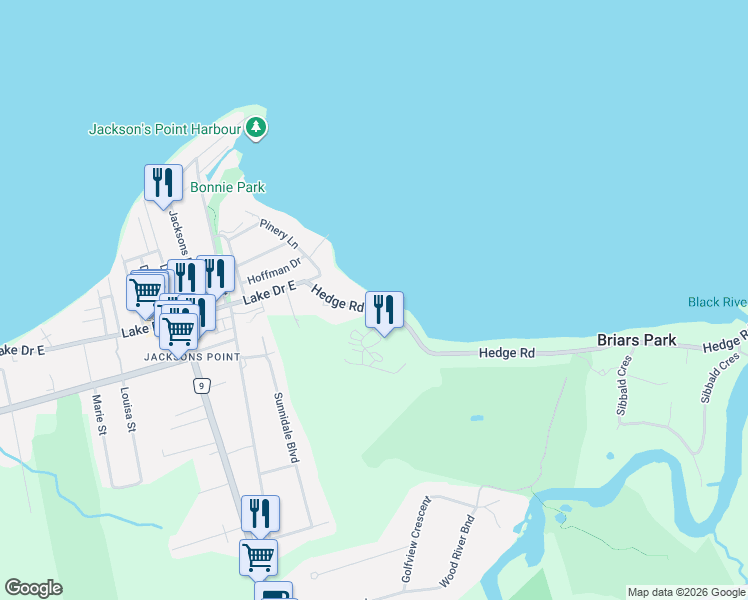 map of restaurants, bars, coffee shops, grocery stores, and more near 30 Hedge Road in Georgina