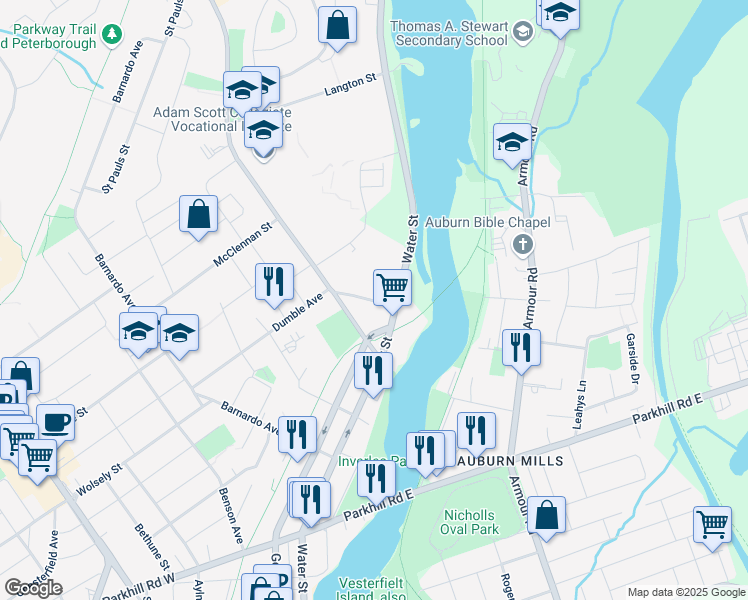map of restaurants, bars, coffee shops, grocery stores, and more near 102 Anson Street in Peterborough