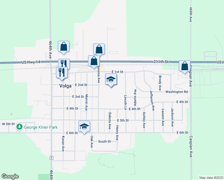 map of restaurants, bars, coffee shops, grocery stores, and more near 200 Hansina Avenue in Volga