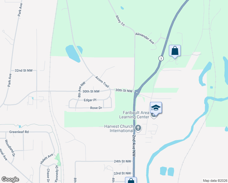 map of restaurants, bars, coffee shops, grocery stores, and more near 401 Edgar Place in Faribault