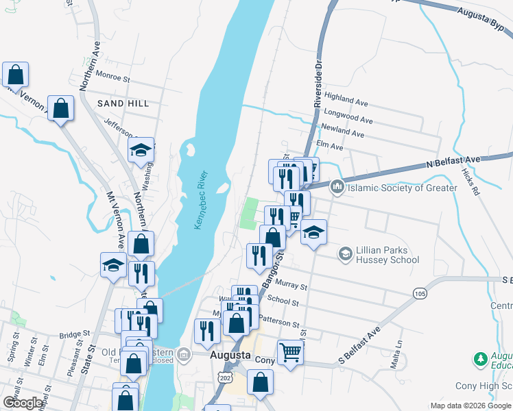 map of restaurants, bars, coffee shops, grocery stores, and more near in Augusta